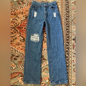 dark wash high rise straight leg blue jeans
